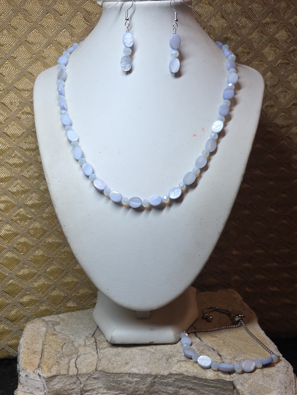 Handcrafted Pale Blue Mother Of Pearl Shell & Opalite Necklace Earring Bracelet